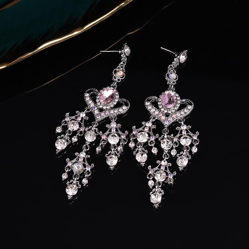 Retro Korean Baroque Pink Crystal Heart Tassel Earrings - Long, Elegant, Sweet Silver Needle Dangles
