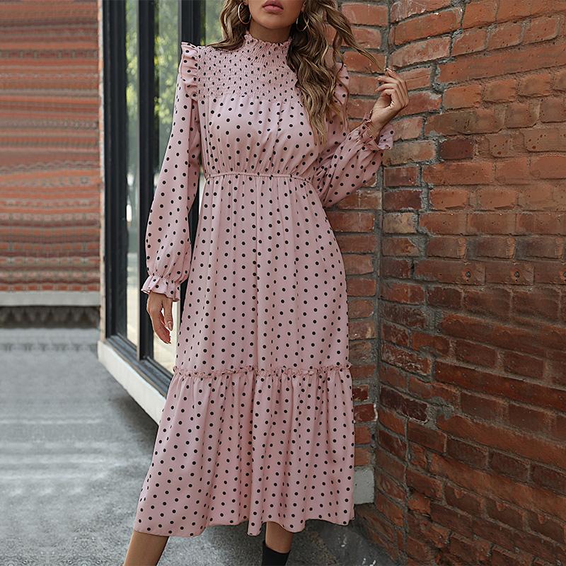 YYFS Women's Fashion Summer Spring Polka Dot Print Long Sleeve Half Turtleneck Casual Dresses