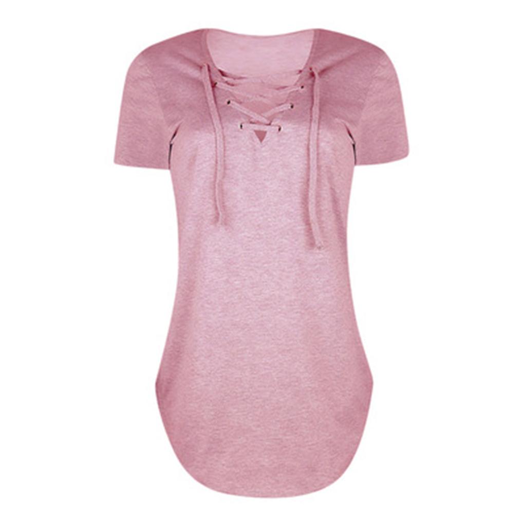 Women Lace Up V Neck Short Sleeve Tunic Top