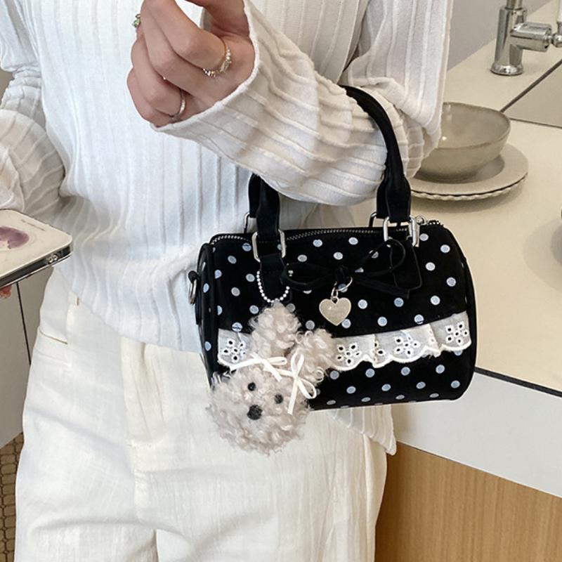 Retro Polka Dot Bow Boston Bag Korean Lace Embroidery Trim Crossbody Bag Women Cute Lolita Zippered Handbag With Pendant