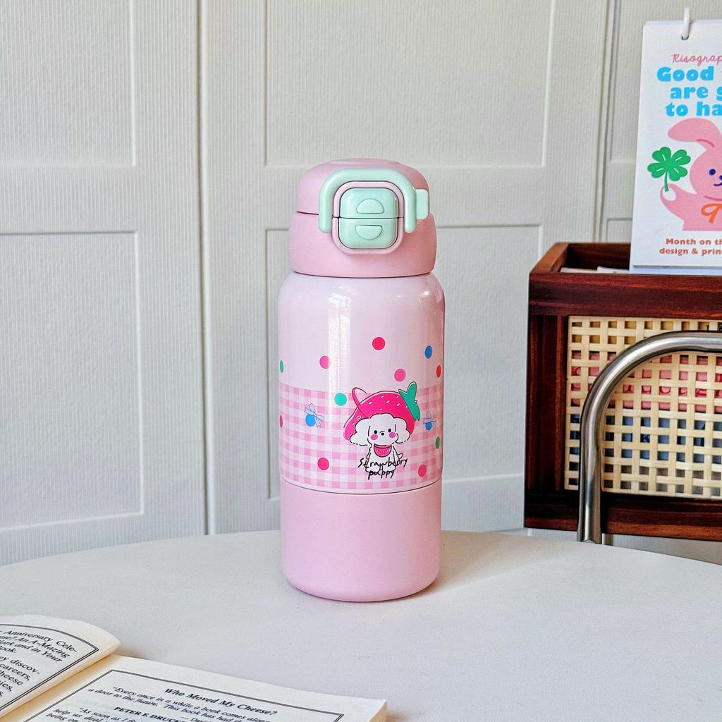 Niedliche Welpen Kinder Thermosbecher 316 Edelstahl Student Doppeltrink-Strohhalmbecher Verdickt Tragbar Tragbar Springbecher