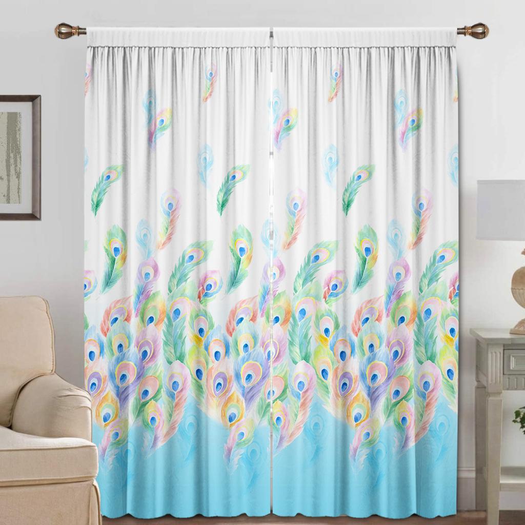 2PC Home Decoration Curtains, Peacock Feather With Rod Pocket Curtains, Kitchen, Coffee Shop, Living Room, Balcony, Garden