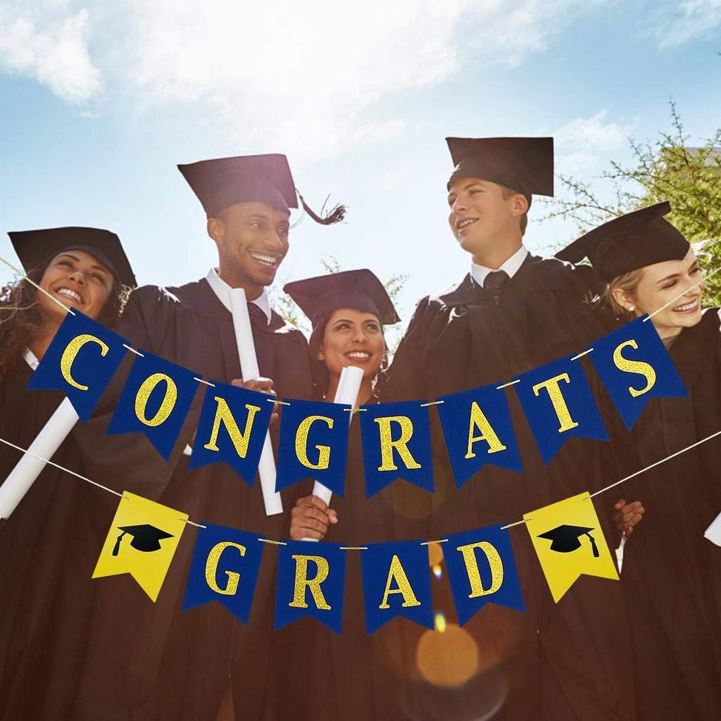 Congrats Grad Banner Blue and Gold Glitter Congratulations Graduation Banner, Congrats Grad Sign Decorations for Blue and Gold Congratulations