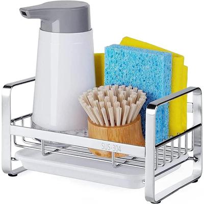 Kitchen Sink Sponge Holder, 304 Stainless Steel Kitchen Soap Dispenser Caddy Organizer, Countertop Soap Dish Rack Drainer with Removable Drain Tray