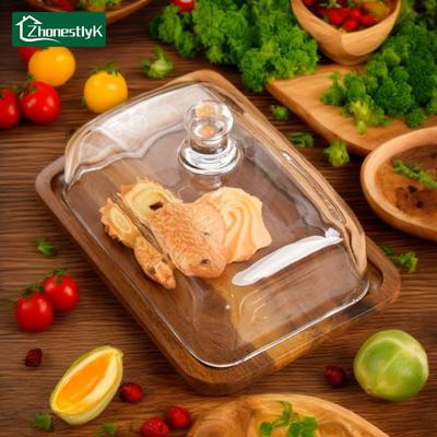 Plato Rectangular de Madera con Tapa de Cristal Caja Contenedora para Mantequilla Caja de Almacenamiento Sellada para Restaurante Plato para Queso Cortador de Mantequilla Vajilla para Mantequilla