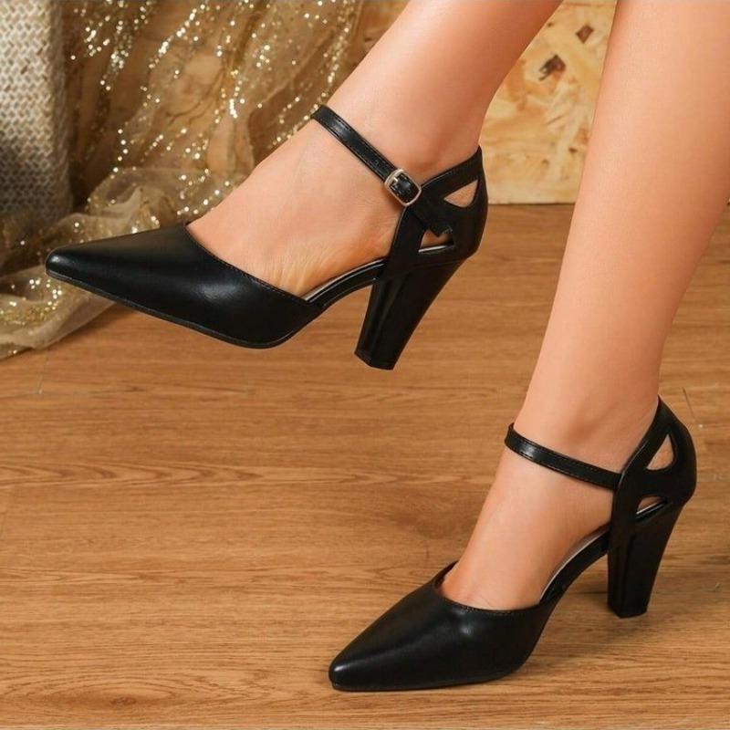 Fashion High Heel Sandals Fall New Pointed Toe Shallow Mouth One Strap Anti-Slip Wear-Resistant Block Heel Shoes