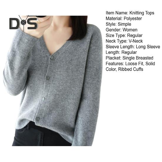 Women Knitting Sweater V-Neck Long Sleeve Button Down Sweater Cardigan Solid Color Loose Fit Crochet Texture Coat
