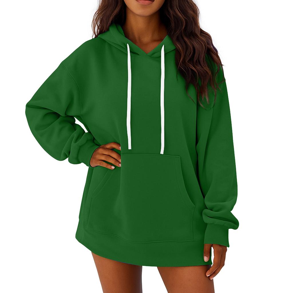 Women's Solid Color Long Sleeved Loose Casual Mid Length Pullover Hoodie Sweatshirt