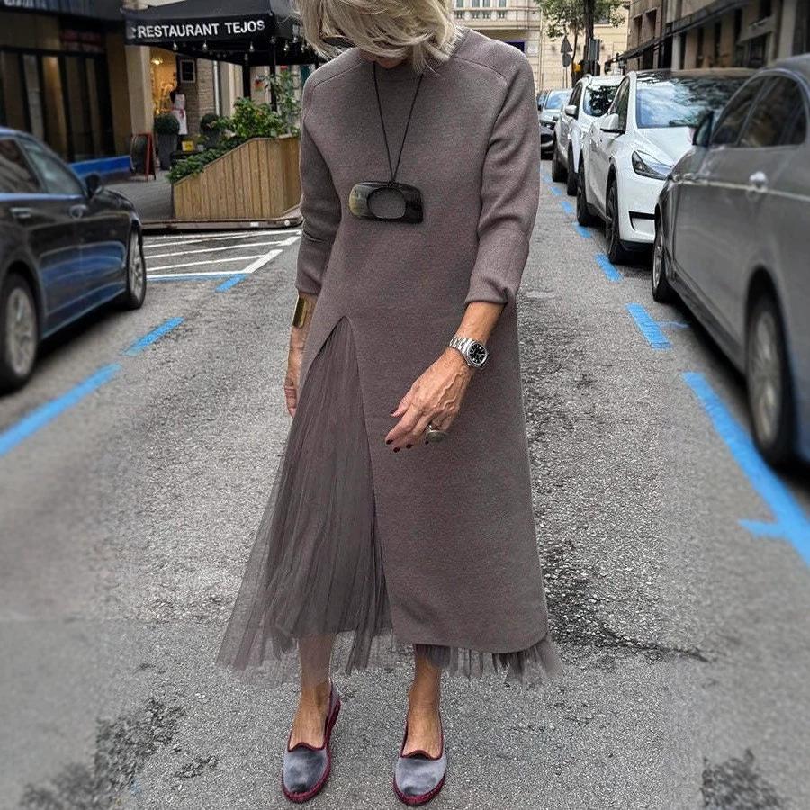 Europe and America Station New Autumn and Winter Crew Neck Knitted Dress Split Splicing Mesh Casual Ladies