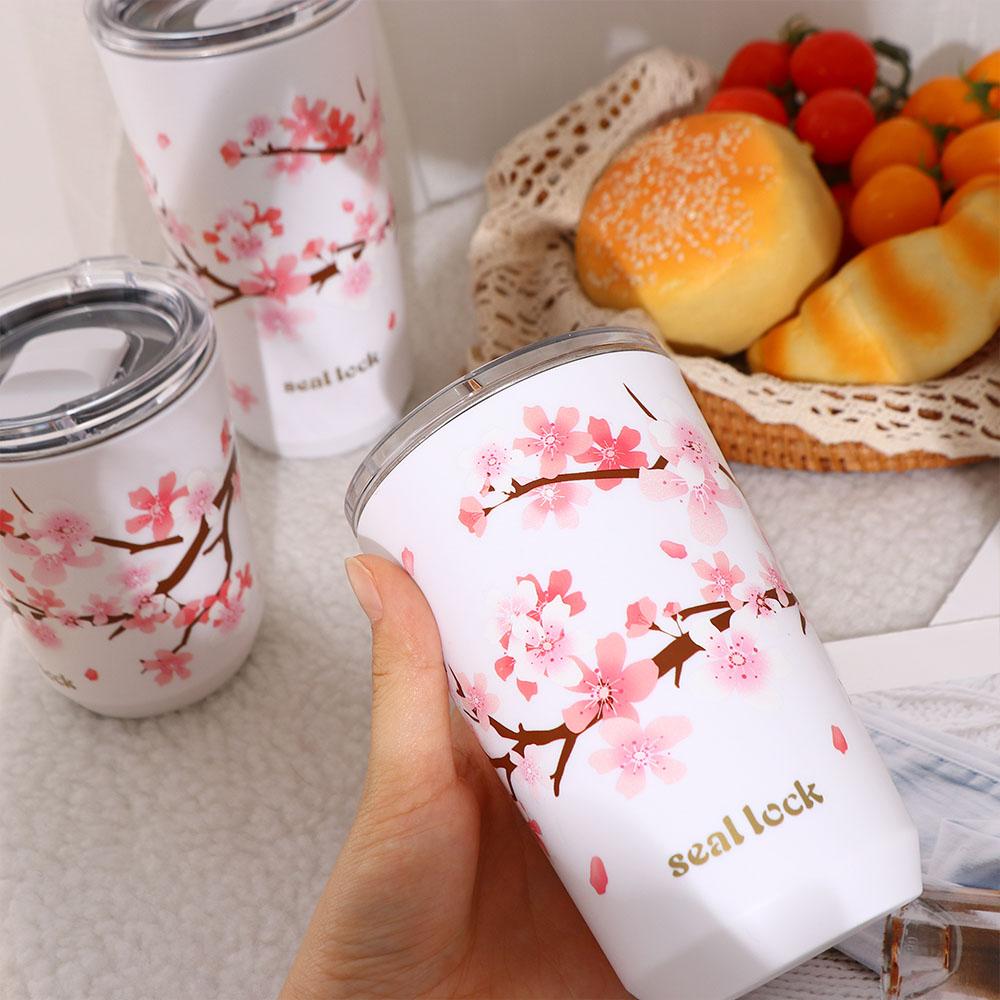 Steel Insulated with lid Cherry Blossom Coffee Tumbler Vacuum Flask Thermos Cup Water Bottle