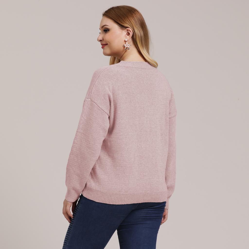 Autumn and Winter Plus Size Women's Solid Colour Simple Woven V-neck Pullover Jumper