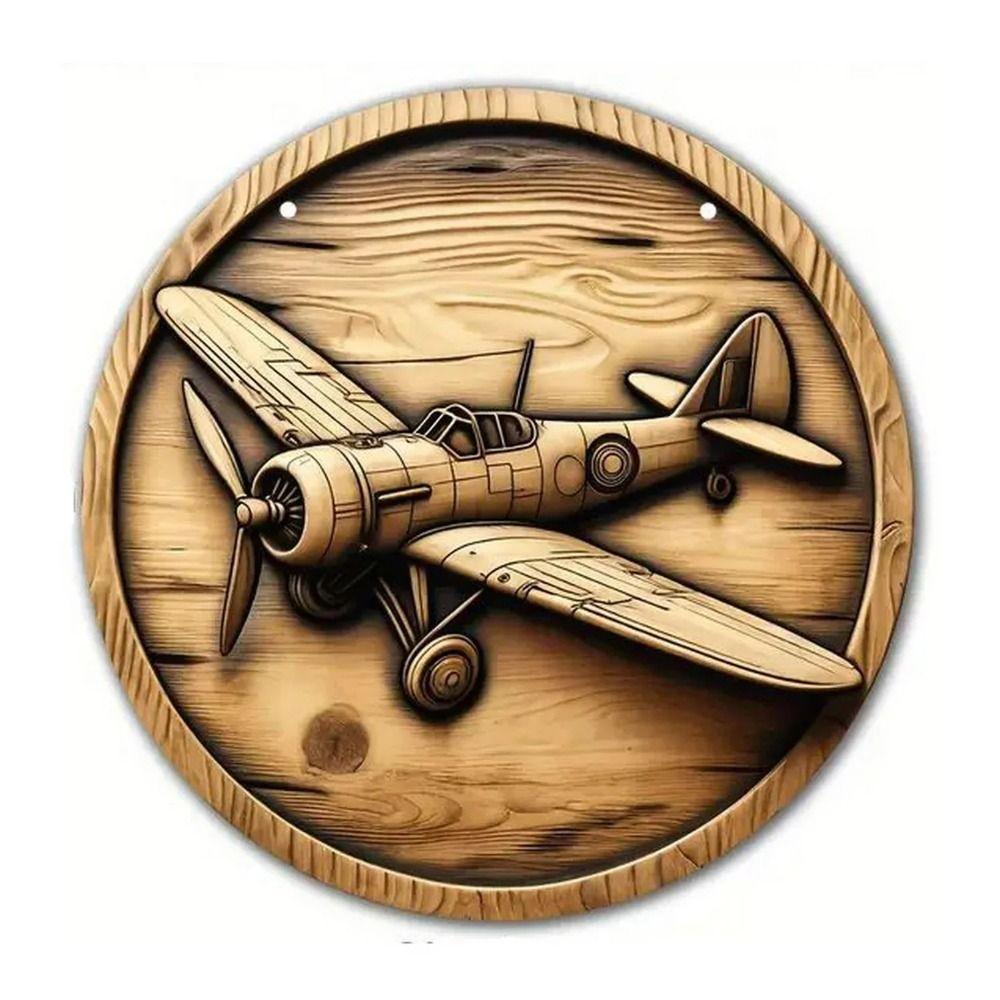Retro Round Metal Sign Flat Fighter Plane 20x20cm