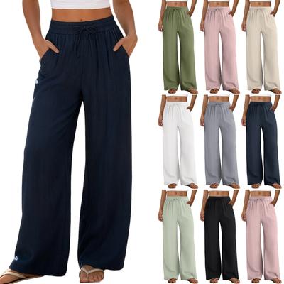 Wide Leg Pants for Women Flowy  Drawstring Elastic Waist Trousers with Pockets Summer Beach Vacation Clothes