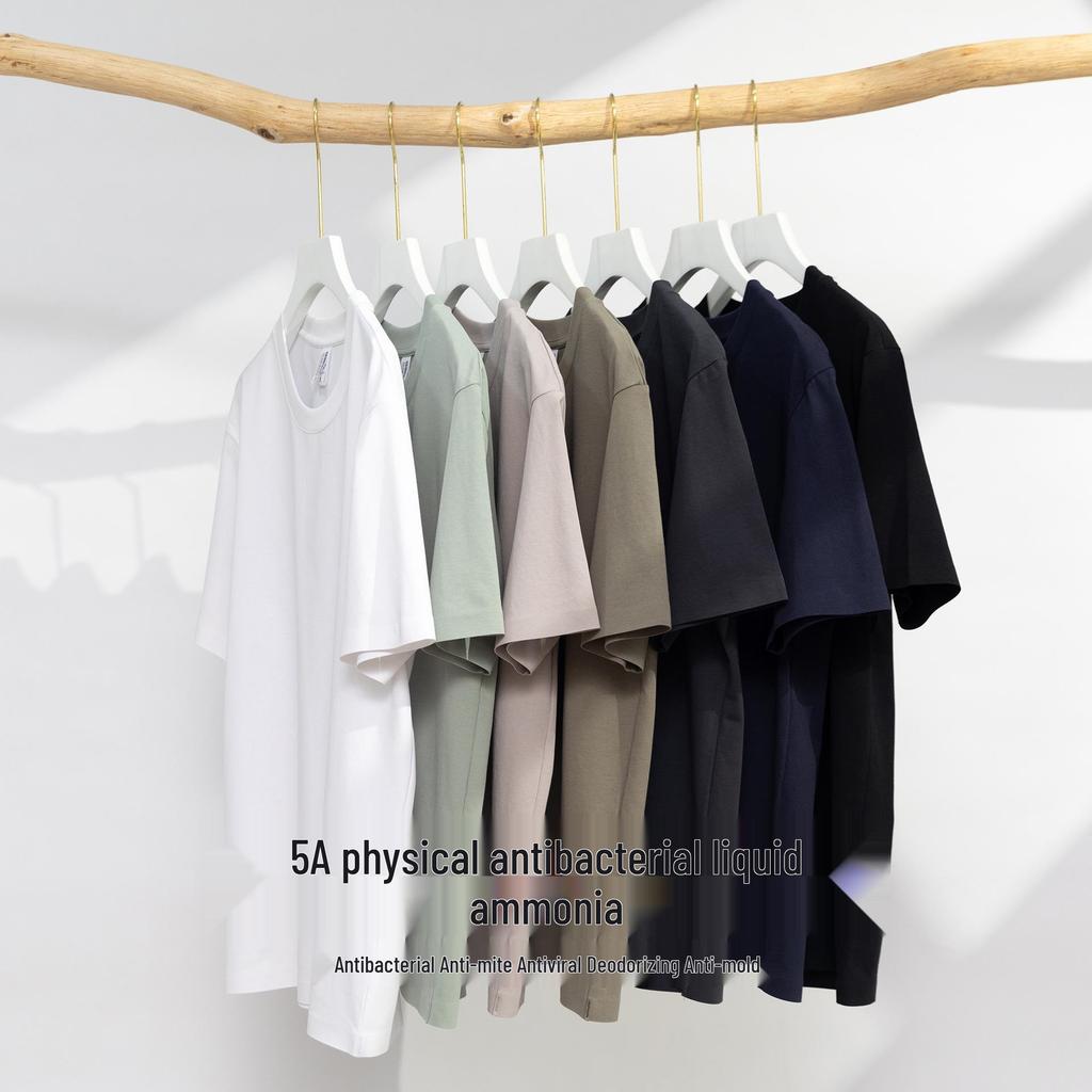 Camiseta de Manga Corta con Cuello Redondo Antibacteriana de Algodón Lyocell Sin Costuras para Hombre - Color Sólido Casual de Verano Capa Base