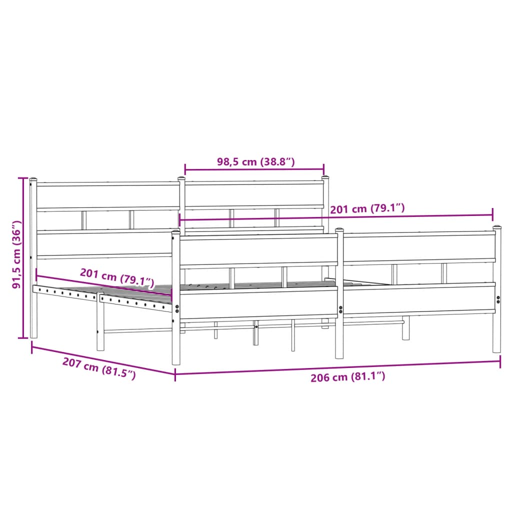 Metal Bed Frame without Mattress Sonoma Oak Finish 200 x 200 cm