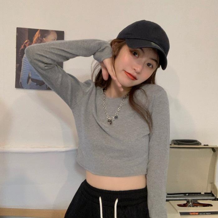 Women's 2025 Autumn Korean Style White Long-Sleeve Crop Top