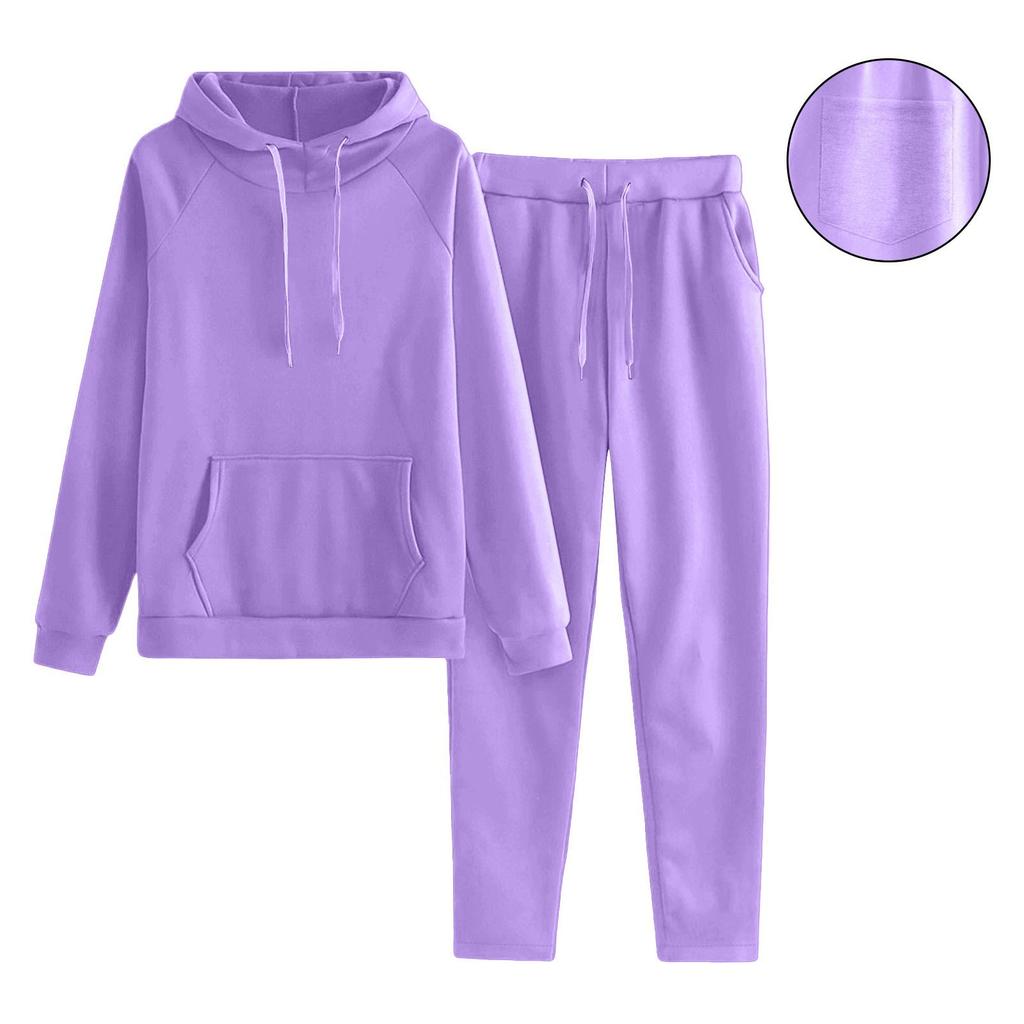 Women's Hooded Long Sleeve Loose Fit Solid Color Two Piece Set Long Pants Casual
