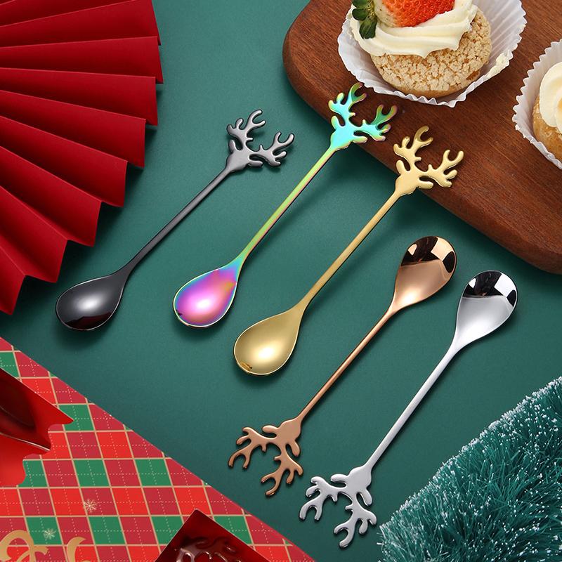 1Pc 304 Stainless Steel Cartoon Christmas Elk Spoon Cute Deer Head Mini Ice Cream Spoons Coffee Dessert Stirring Spoon Tableware