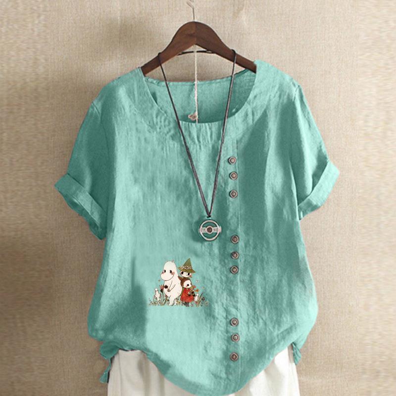 Women's Fashion Round Neck Short Sleeve T-shirt Casual Cotton Linen Graphic Shirt Leisure Loose Pluck Flowers Prined Summer Blouse Tops