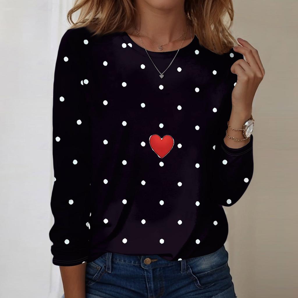 Damski casualowy top z długim rękawem, z nadrukiem walentynkowym, z okrągłym dekoltem