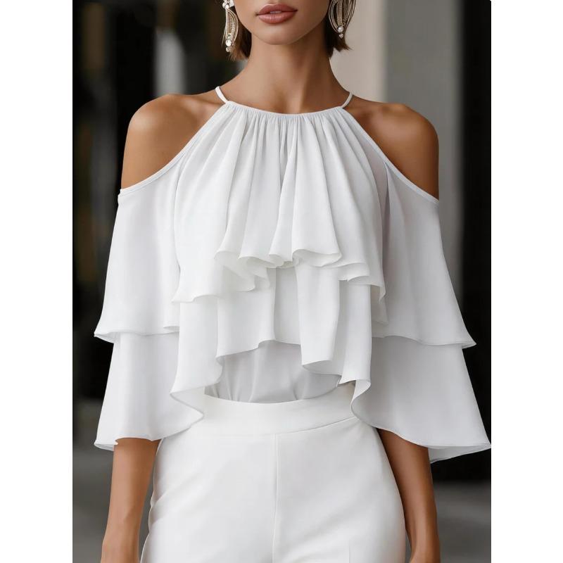 TIFICY Women s Fashion Casual Summer Spring Solid Color Print 3/4 Sleeves Hanging Neck Blouses & Shirts S