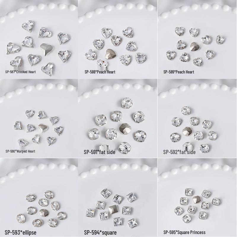 Nail Art Rhinestones Set: Heart, Crooked Heart, White Diamond, Peach Heart, Square, and Transparent Shapes (10 Pieces)