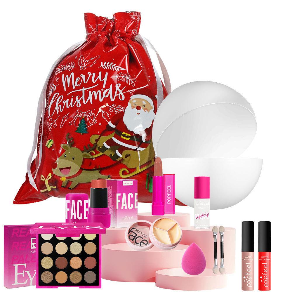 Popfeel Christmas Makeup Set Full Kit with Red Holiday Gift Bag Professional Cosmetics Eyeshadow Palette Lipstick Lip Gloss Concealer Gift for Women