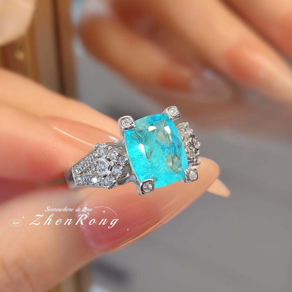 Fashion Temperament with Cotton Paraiba Tourmaline Ring Niche Design Pillow Square High Carbon Diamond Colored Treasure Open Ring Women
