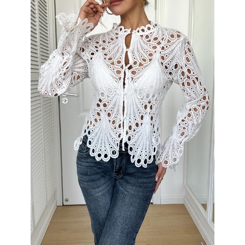 2026 Autumn New Lace Hollow Out Solid Color Top Fashionable Casual Long Sleeve Shirt for Women