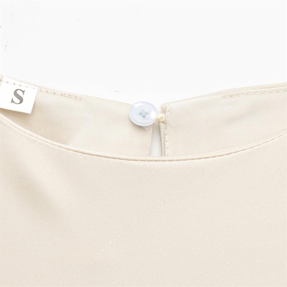 2025 Spring/Summer Women's Silk Satin Pleated Pullover Dress with Round Neck and Short Sleeves
