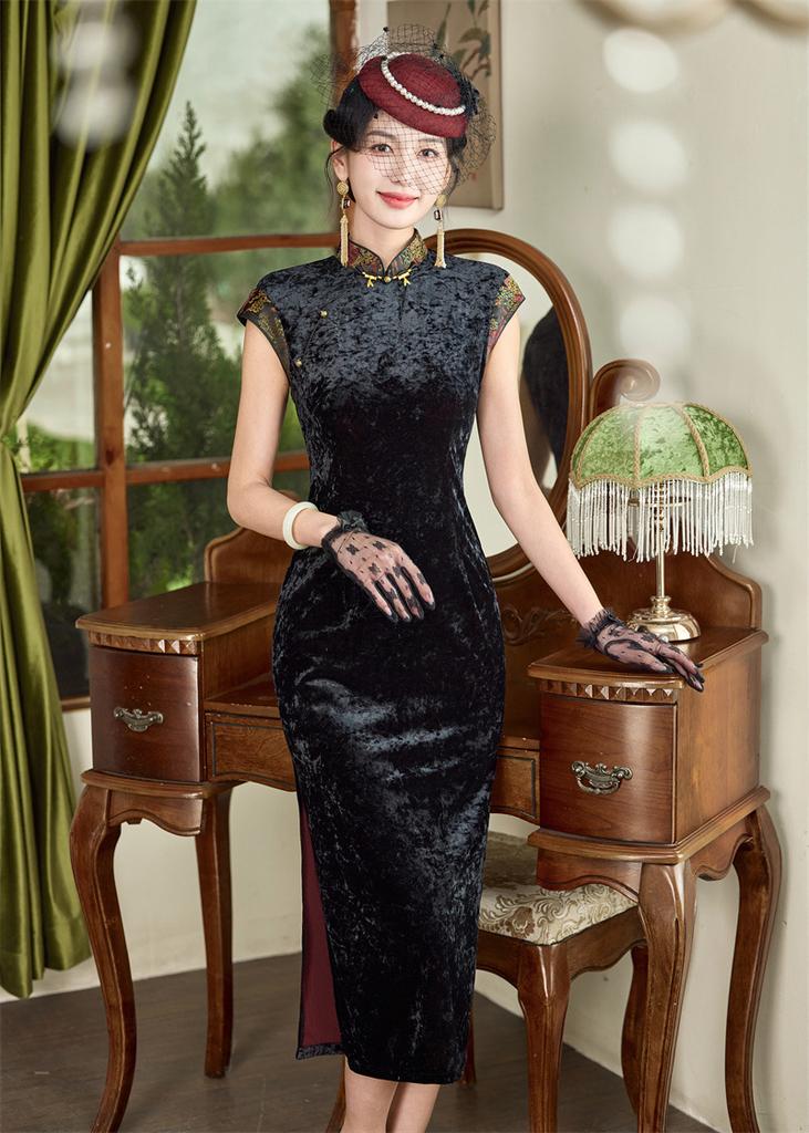 Temperament slim young lady wind flower dill satin long cheongsam 1011 spring and summer new daily wear new Chinese style