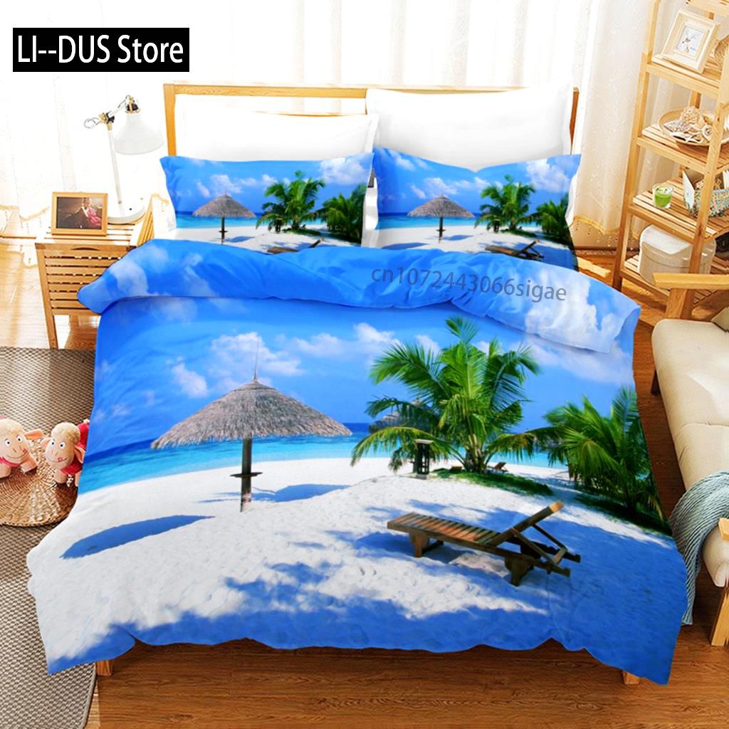 Plaj Yorgan Kılıfı Takımı Yaz Plaj Dekoru Hawaii Tatil Stili Yatak Takımı Polyester Palmiye Ağacı Tropikal Doğa Deniz Yorgan Kılıfı