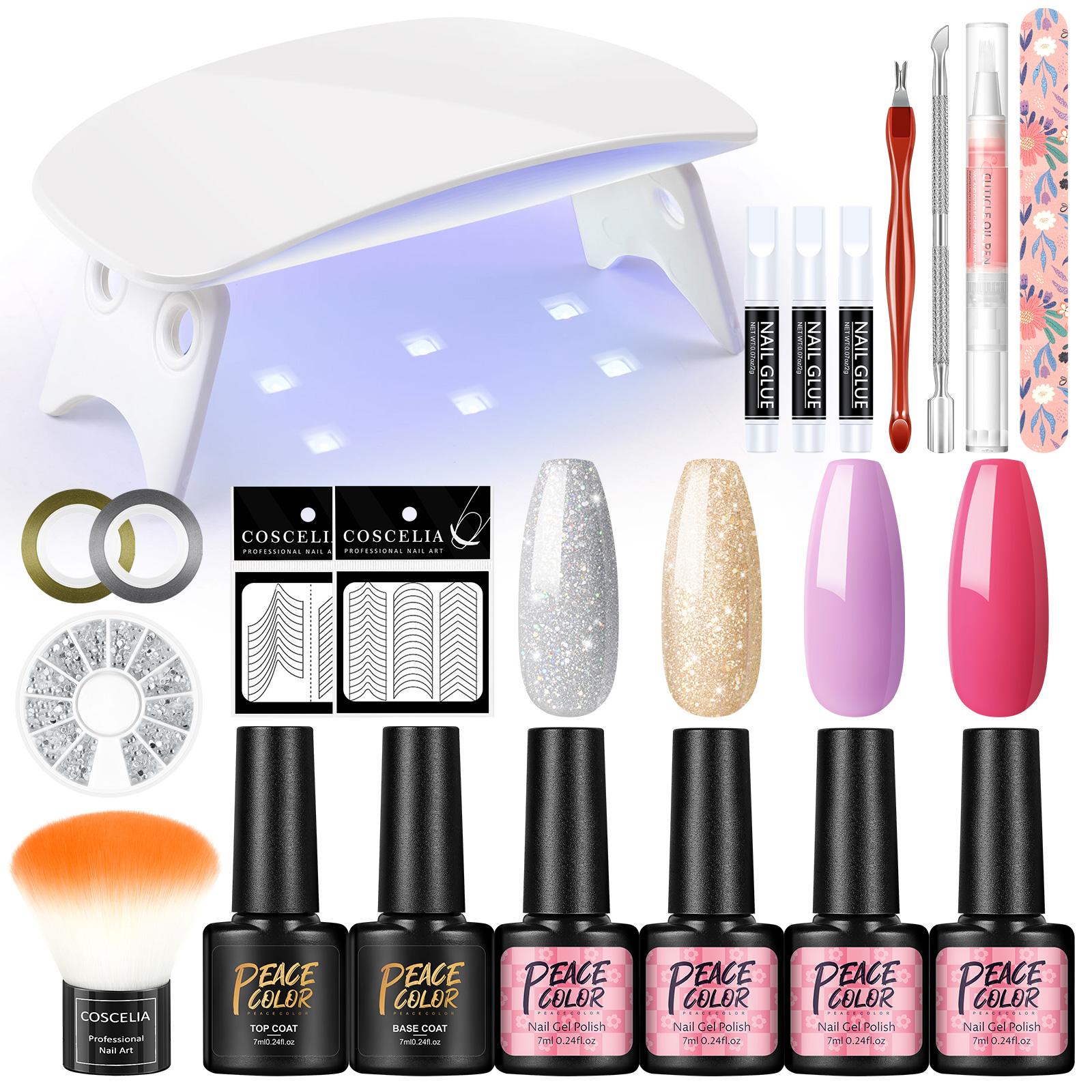 

PEACECOLOR 7 мл гель-лак для ногтей 6 Вт УФ-светодиодная лампа для ногтей 4 шт. Набор гель-лаков для ногтей Набор инструментов для ногтей и базовое верхнее покрытие Клей для ногтей Блестящие блестки Дизайн ногтей