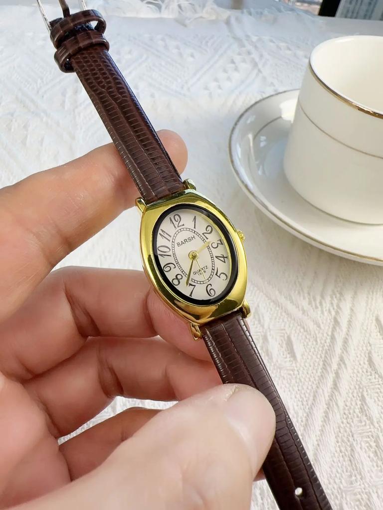 Vintage Design Classic Watch Fashion Oval Number Dial Quartz Watches Brown Leather Band Wristwatch Montre Femme Dropshipping