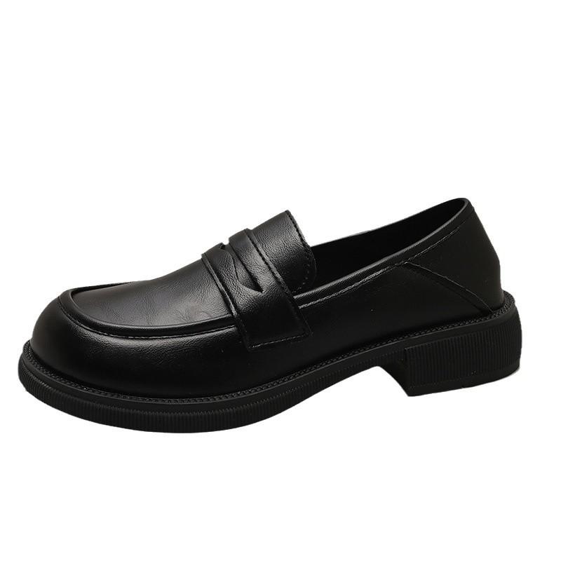 Small Black Leather Shoes Women's Thick Heels Autumn and Winter New Models One-pedal Thick Heels Shoes Round Head Two Women's Shoes