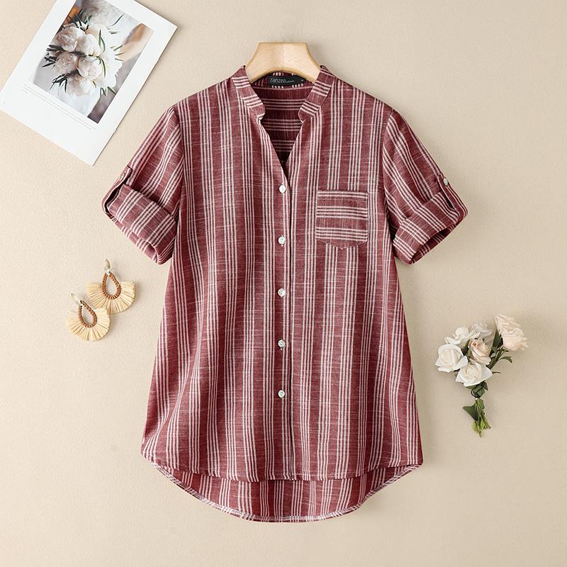ZANZEA Women Casual V-Neck Summer Short Sleeve Stripe Blouse