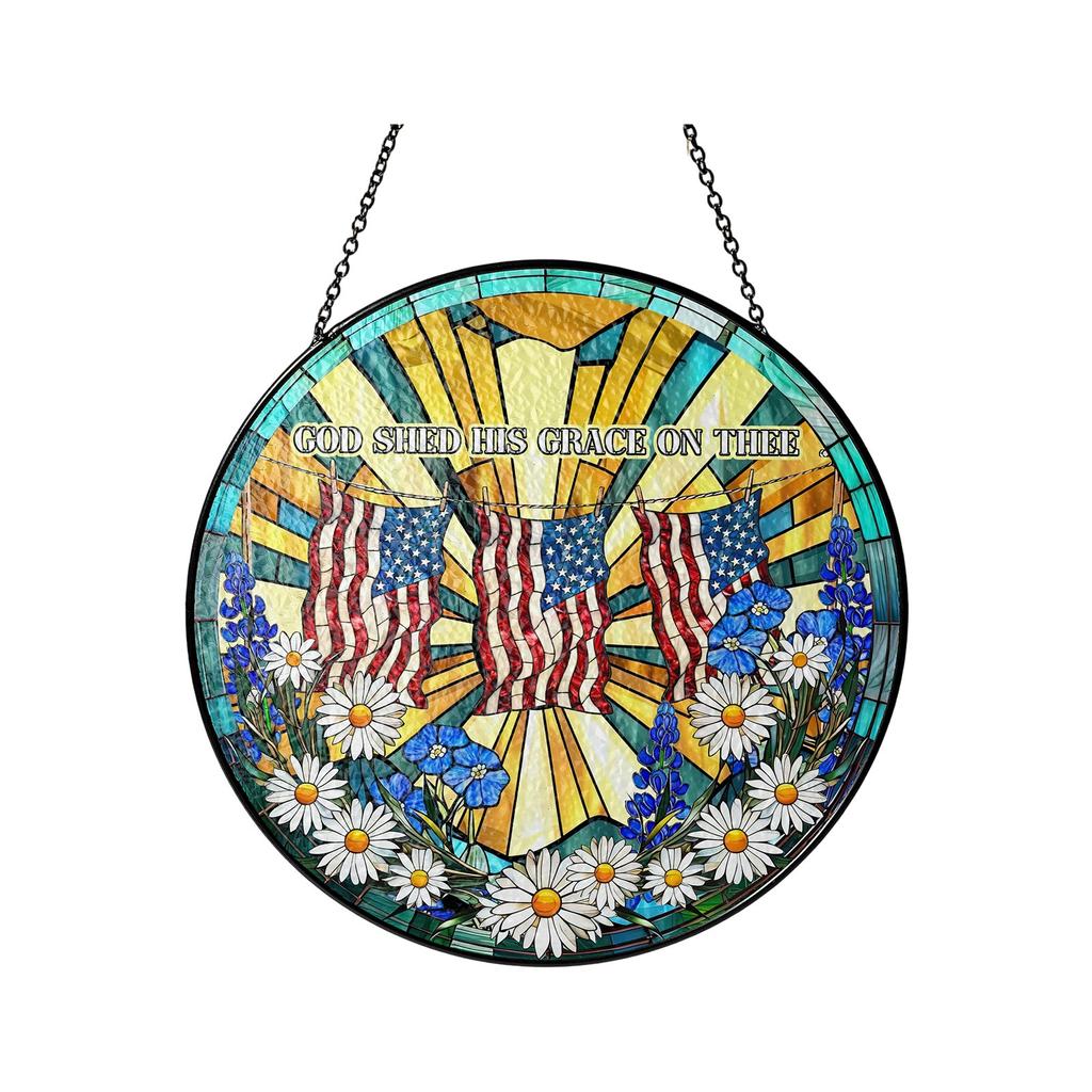 American 0th Anniversary Stained Glass Acrylic Suncatcher, Patriotic Flower Vase Window Hanging Decor