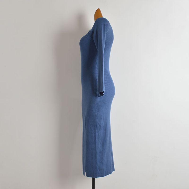 Fashion Style New Arrival Diagonal Collar Elegant Flare Sleeve Knitting Dress Women's Clothing Fall Slim Fit Hip Split Long Skirt