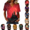 Women's Halloween Print V Neck Pullover Top Short Sleeve Casual Blouse Lightweight Comfortable Fit Seasonal Shirt