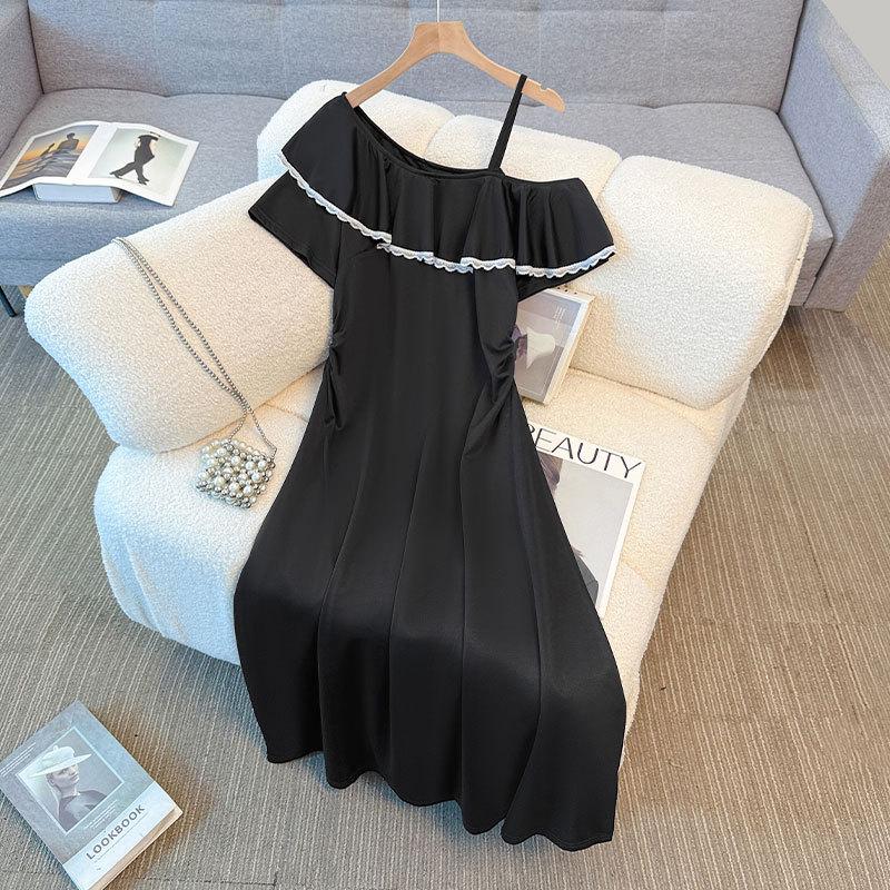 

Платье женское с оборками и открытыми плечами, с завышенной талией, размер тарелки, новый летний стиль, маленькое черное платье 6XL чёрный