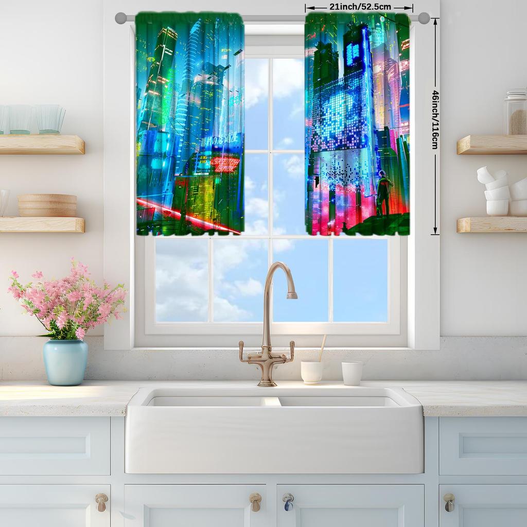 2-Panels Cyberpunk Style Technology City Curtains - Heat-insulating   Suitable for Decorating Curtains in Various Rooms