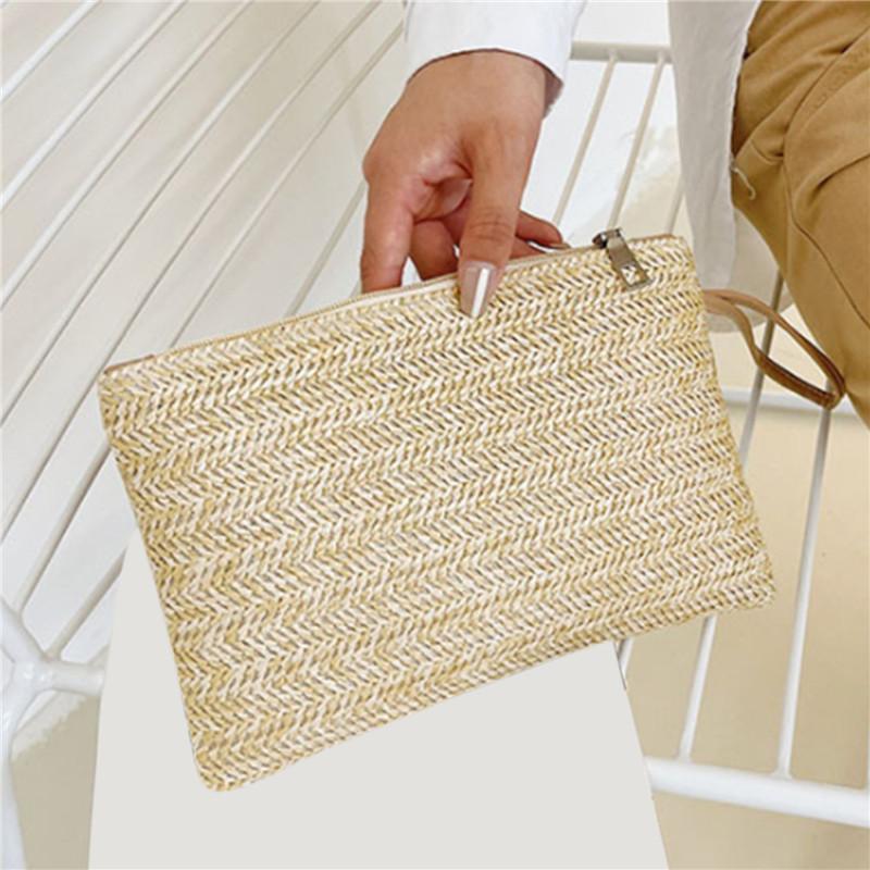 Fashion Straw Weaving Clutch Bag Solid Woven Coin Purse Beach Wallet for Women Daily Use with Phone And Money Slots Card Holder