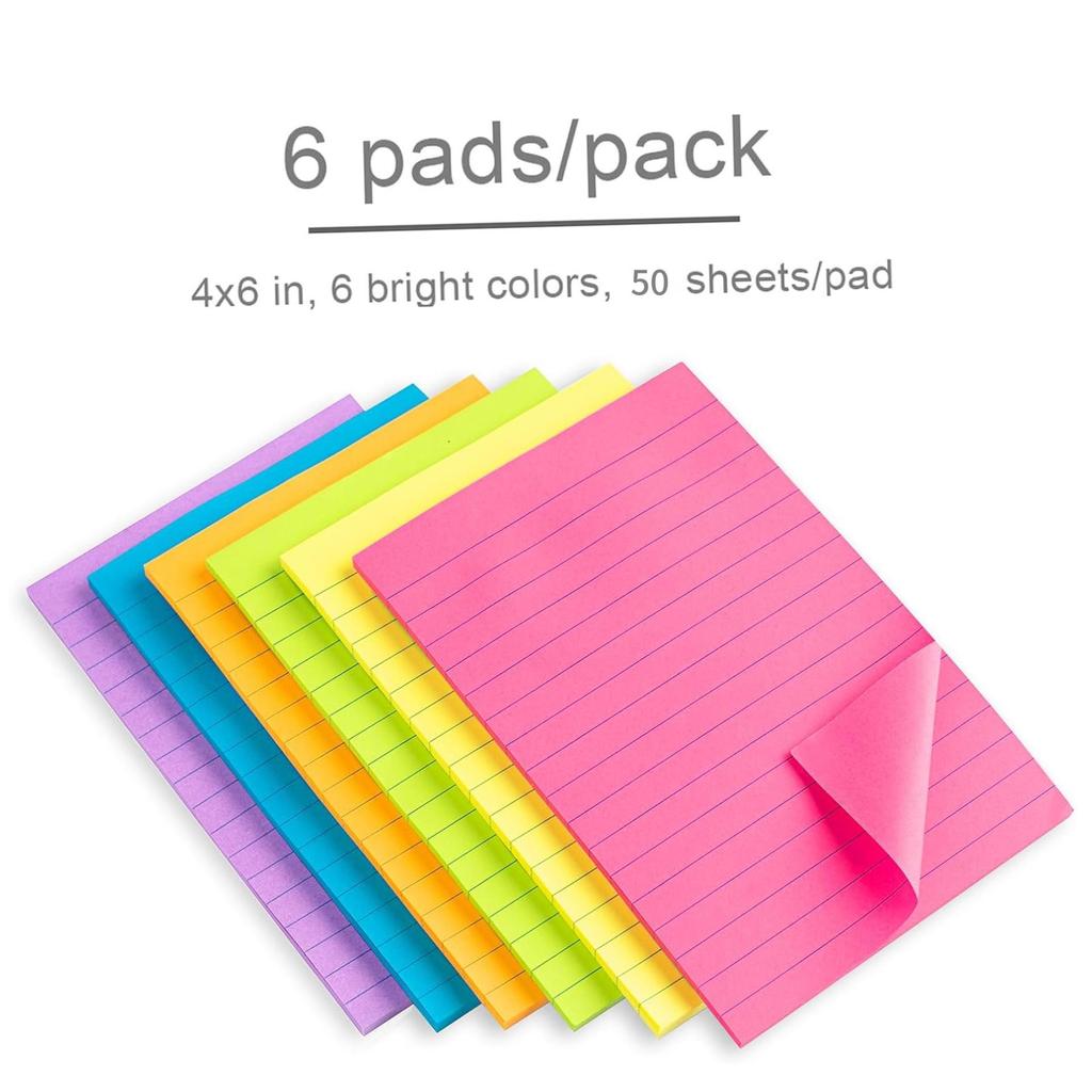 8-Color Fluorescent Sticky Note Pad, 10x15cm Lined Memo Stickers, Student Planner & Adhesive Note Book
