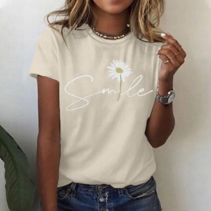 Women's T Shirt Tee 100% Cotton Black White Yellow Graphic Daisy Print Short Sleeve Daily Going Out Basic Round Neck Regular 100% Cotton Floral S