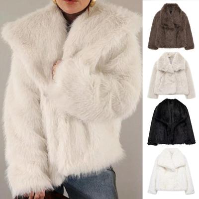 Kunstpelzjacke für Damen, Umlegekragen, flauschig, gemütlich, kurze Oberbekleidung, langärmelig, lockere Passform, warme Promi-Jacke für den täglichen Gebrauch im Freien