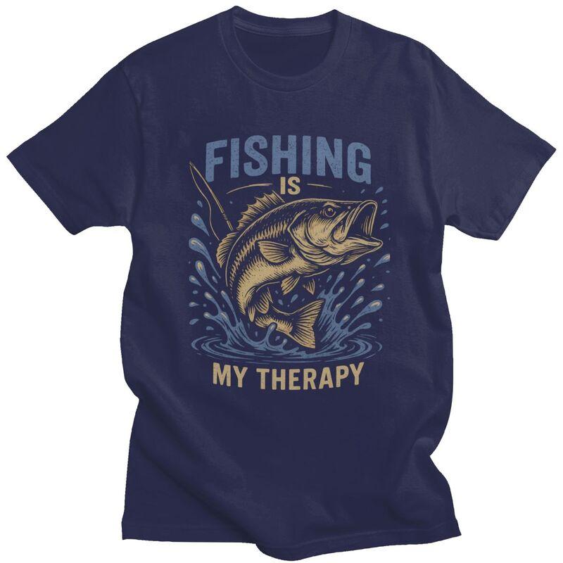 Fishing Is My Therapy T Shirt Men Short Sleeve Angler Fishman Lover Tshirts Casual Tee Tops For Husband Father Oversized Tshirt