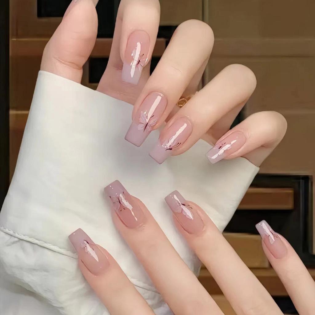 24 Pcs Long Ballerinas False Nail Butterfly Press on Nail Acrylic Nail French Tip Stick on Nail Manicures Supplies