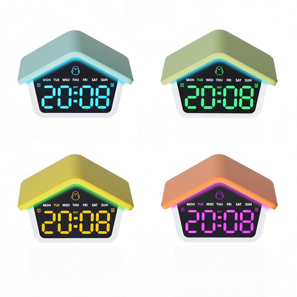 LED Digital Alarm Clock House Shaped Week Date Brightness Adjustment 2 Alarms Silent DST Snooze Table Clock with Ambient Light
