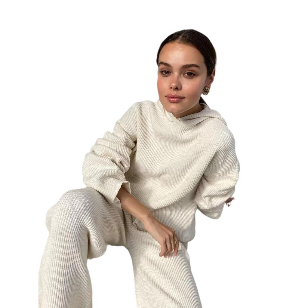 Women's Beige Knitted Hooded Top and Wide Leg Pants Lounge Set