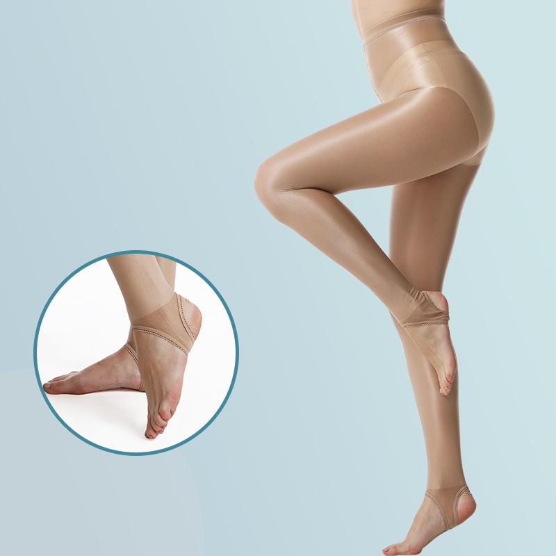 7 Hochelastische Übergrößen Glänzende Steigbügel-Strumpfhose Öl Glänzend Formgebend Hautfarbe / Kaffeefarbene Strumpfhosen Damen